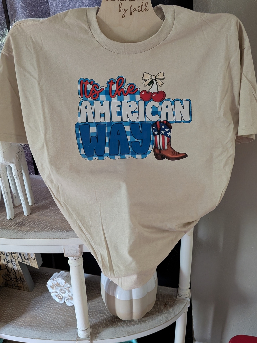 Gildan Cream Short Sleeve Tee with Patriotic Blue, Red & White Graphic